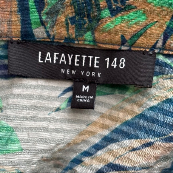 Lafayette 148 Leaf Print Shirt Medium Cotton Silk Blue Green - Picture 5 of 7